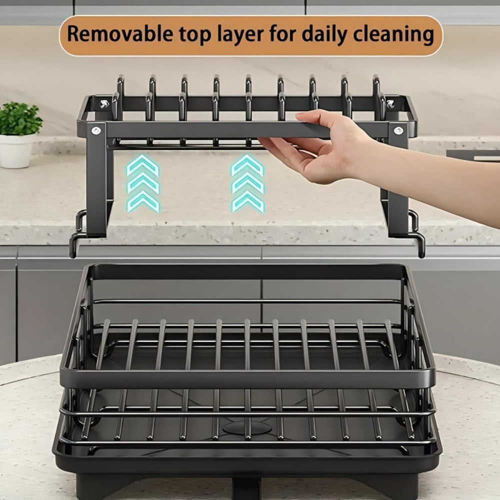 Two-Tier Dish Drying Rack Set with Metal Frame, Drainboard, Mat and Utensil and Cup Holders