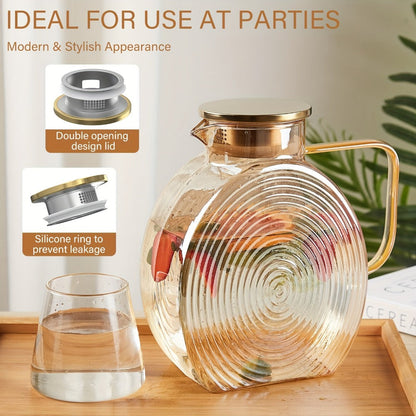Round 84-Ounce Glass Pitcher with Concentric Texture, Side Handle and Golden or Gray Accent Lid