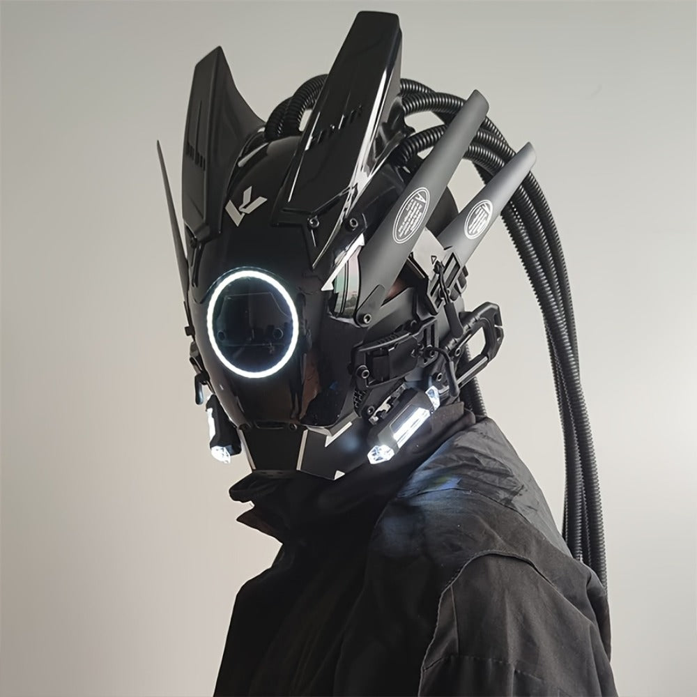 LED Cyberpunk Samurai Mask with Braids, Futuristic Sci-Fi Mechanical Face Mask for Halloween, Cosplay