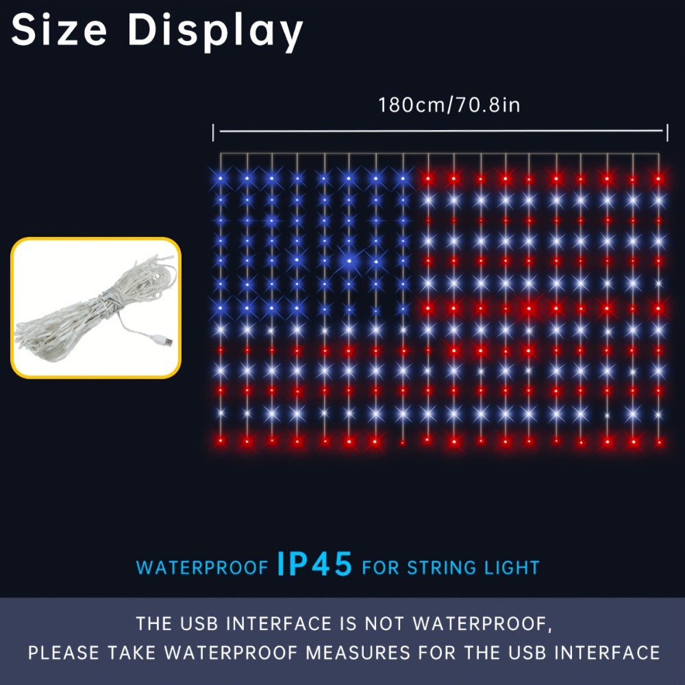 American Flag LED Curtain Lights 242 LEDs USB Powered, 4th of July Patriotic Decorations for Home Porch Garden Courtyard