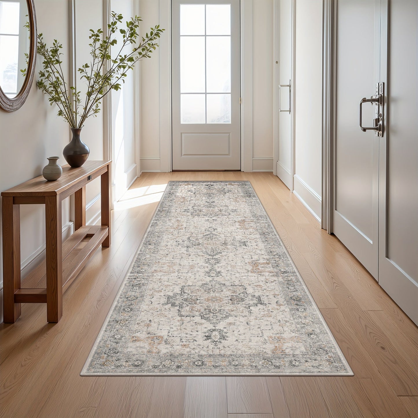 Runner Rug Machine Washable Non-Slip Vintage Hallway Area Rug Low Pile Lightweight Boho Floral for Entryway Kitchen Corridor Light Taupe