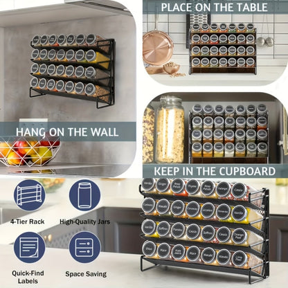 Spice Rack Organizer with 28 Jars, 386 Pre-Printed Labels, Chalk Marker & Funnel, Wall Mount, Cabinet