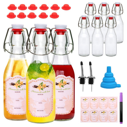 Glass Swing Top Bottles 8.45oz, Round Iron Clasp Airtight Bottle Set with Funnel for Juice, Kombucha