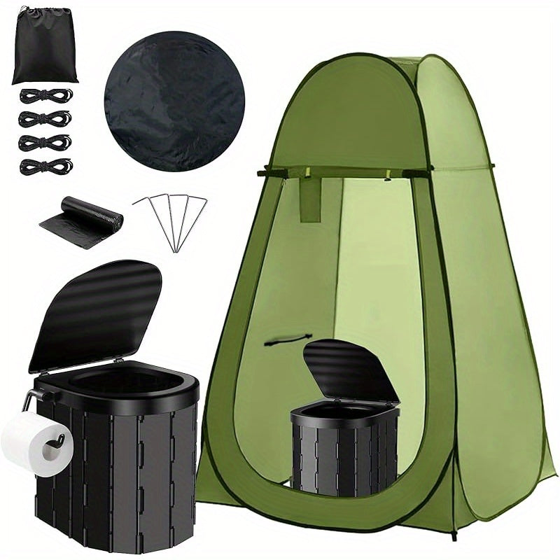 Pop-Up Privacy Tent with Portable Camping Toilet for Adults, Foldable Outdoor Shower Changing Potty Tent Kit with 12 Toilet Bags