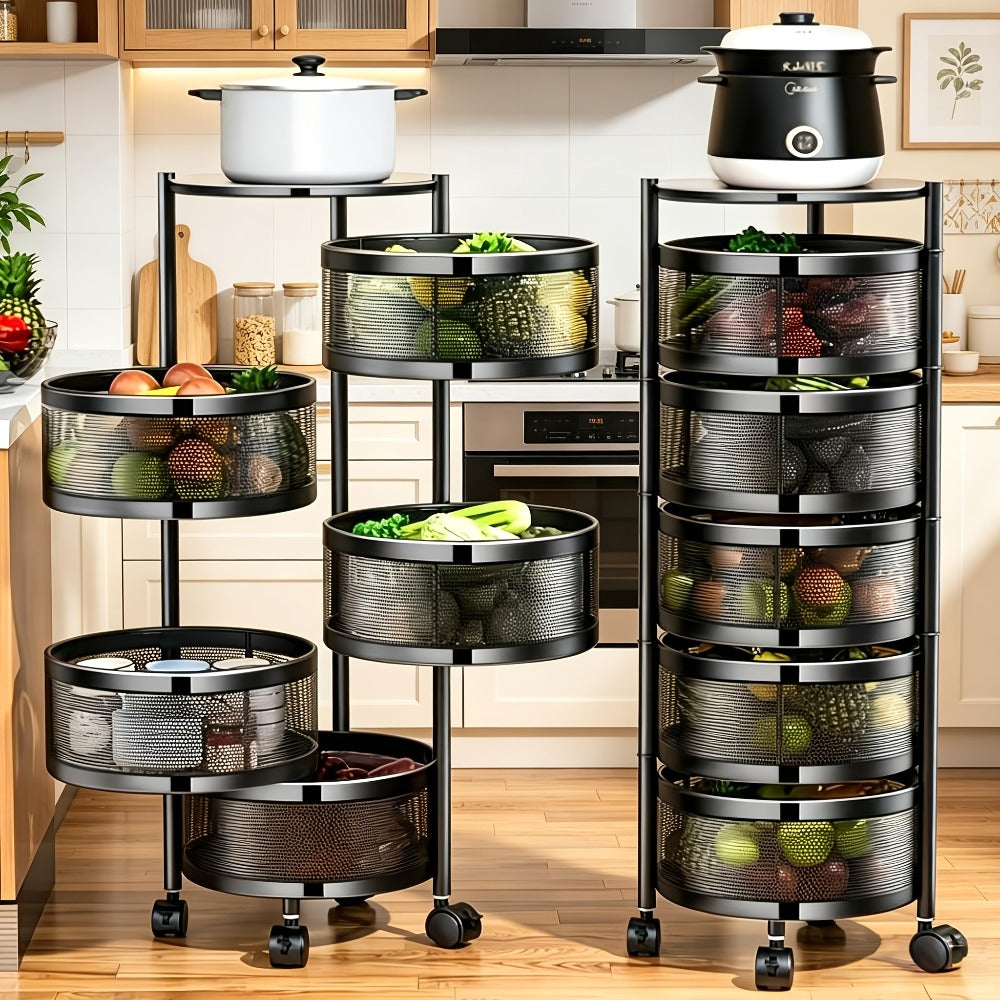 Rolling Storage Cart with Wheels 5-Tier 360° Rotating Kitchen Organizer Basket, No Assembly Space-Saving Floor Standing Bin for Kitchen