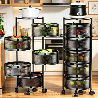 Rolling Storage Cart with Wheels 5-Tier 360° Rotating Kitchen Organizer Basket, No Assembly Space-Saving Floor Standing Bin for Kitchen