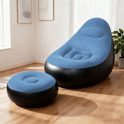Inflatable Recliner Sofa with Footstool Set – Heavy Duty Portable Folding Air Couch with Plush Fabric & Pump Included