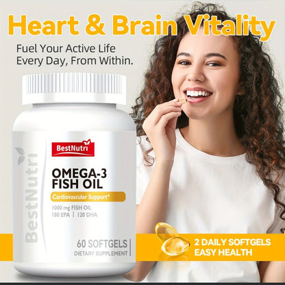 Omega-3 Fish Oil 2000mg Softgels with EPA & DHA, Cold-Extracted CGMP, Brain Vitality Heart Health Anti-Inflammatory Support