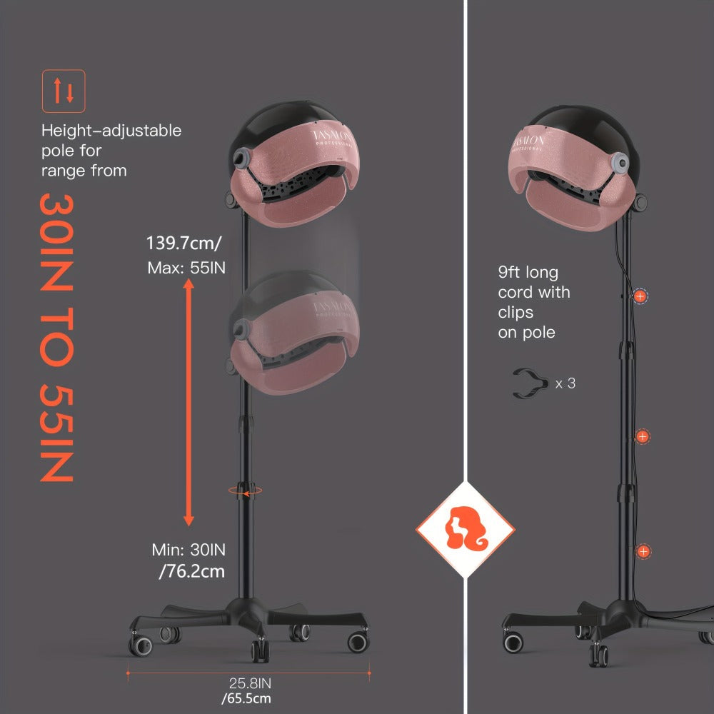 Hooded Hair Dryer 1875W Ionic Standing Bonnet Dryer on Wheels, 3 Heat Settings, Height Adjustable 30-55"