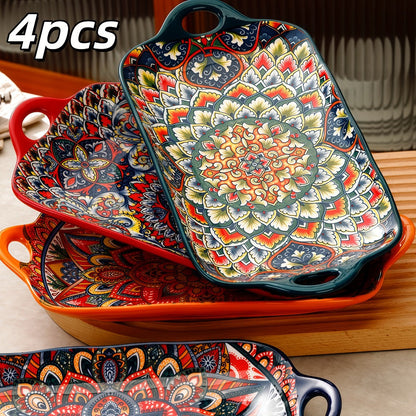 Ceramic Serving Platter Set of 4, Bohemian Rectangular Fish Dish with Double Handles, Baking Tray for Sushi Pasta Desserts Salads Fruits