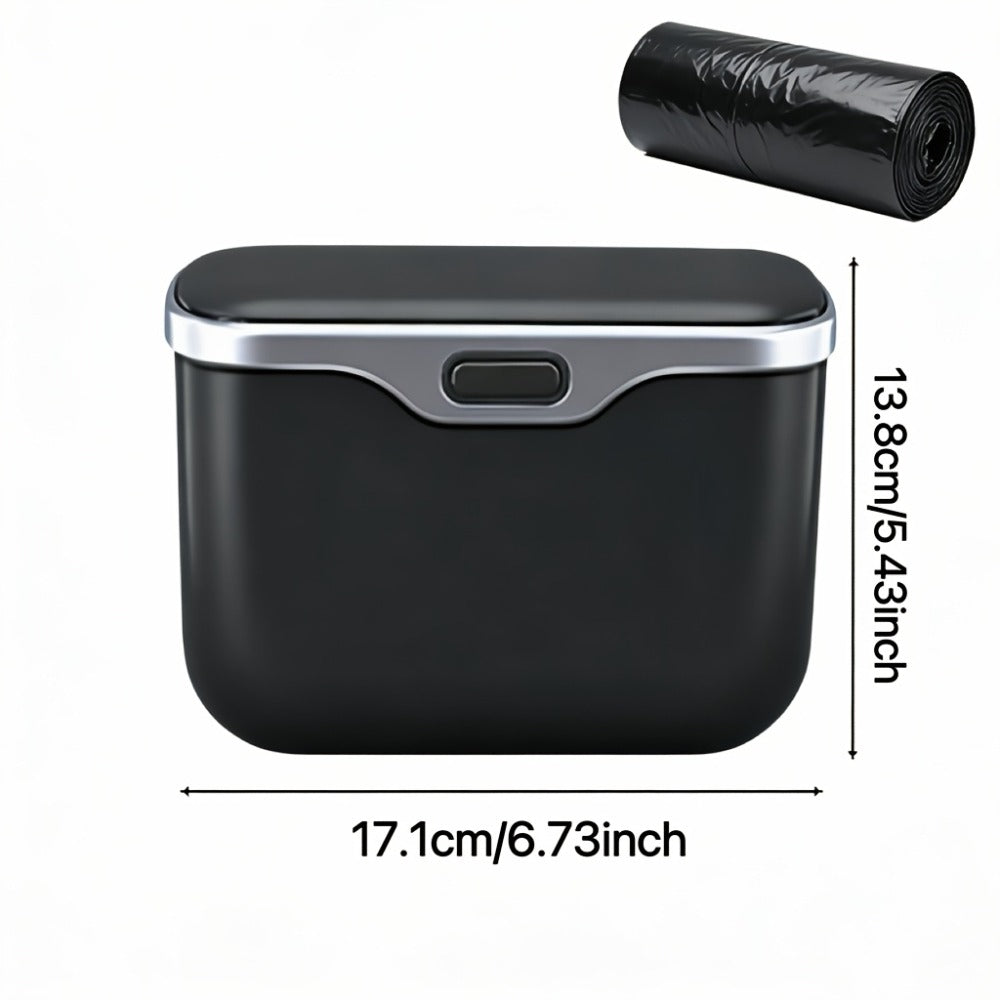 Slim Beige Car Trash Bin with Push Lid, Snap-On Mount, 17.1 cm Width and Included Liner Bags