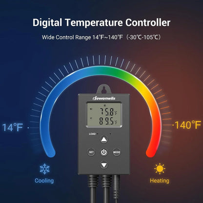 Digital Temperature Controller Thermostat Outlet Heating Cooling Mode 14°F-140°F LCD Display Buzzer for Garden, Patio and Yard Use
