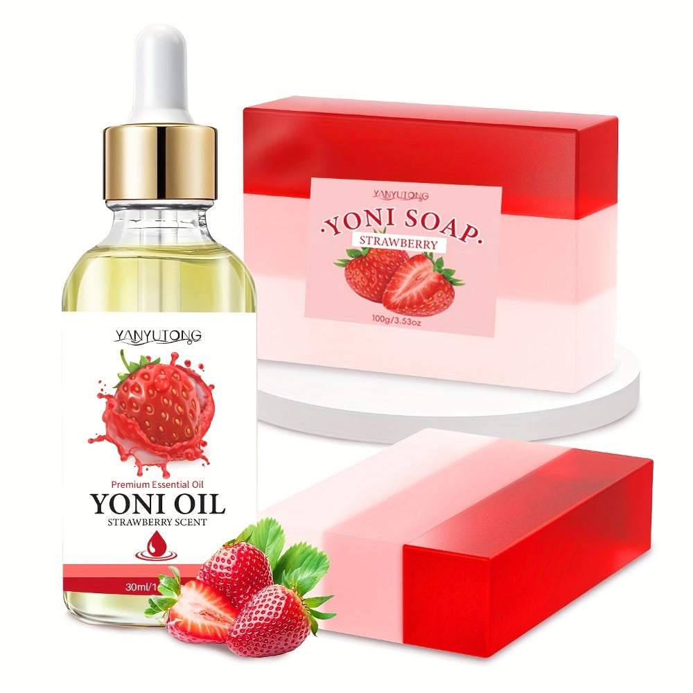 Strawberry Yoni Bath Set 4pcs for Women – Scented Yoni Oil & Soap Feminine Hygiene Kit pH Balance Odor Control Moisturizing Intimate Care