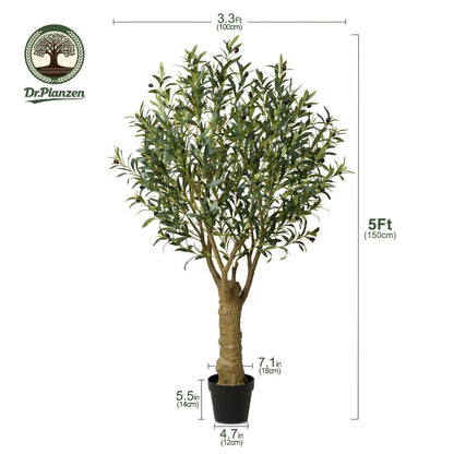 Potted Olive Artificial Tree with 5, 6, 7 and 8 ft Height Options, Black Planter and Branching Green Leaves