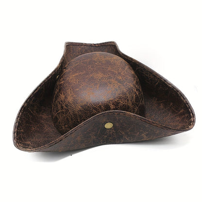 Pirate Tricorn Hat Faux Leather Wide Brim – Vintage Distressed Pirate Hat for Men Women, Halloween Costume, Cosplay