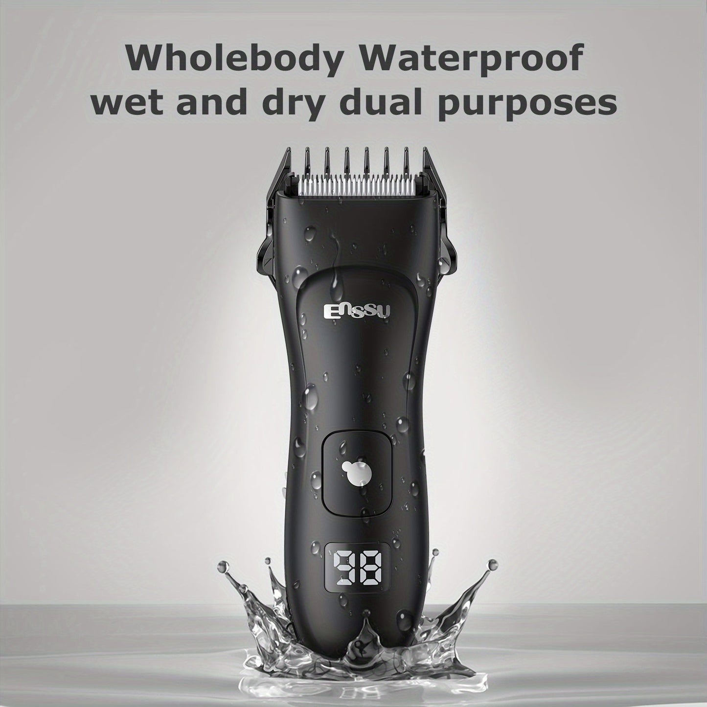 Ceramic-Blade Body Hair Trimmer with IPX7 Rating, LCD Display, Charging Stand and Black Housing