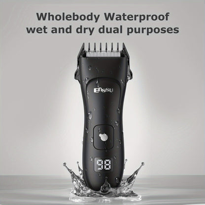 Ceramic-Blade Body Hair Trimmer with IPX7 Rating, LCD Display, Charging Stand and Black Housing