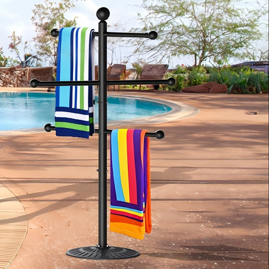 Pool Towel Rack Freestanding Outdoor – 3-Bar Iron Towel Stand with Hooks, Windproof Wide Base, No Sand Needed