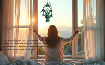 Bohemian Dream Catcher with Feathers & Leaf Embroidery, Boho Wall Hanging Decor for Bedroom, Bedside