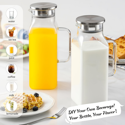 Square 68-Ounce Glass Pitcher with Metal-Look Lid and Handle in Two-, Six- or Twelve-Piece Packs