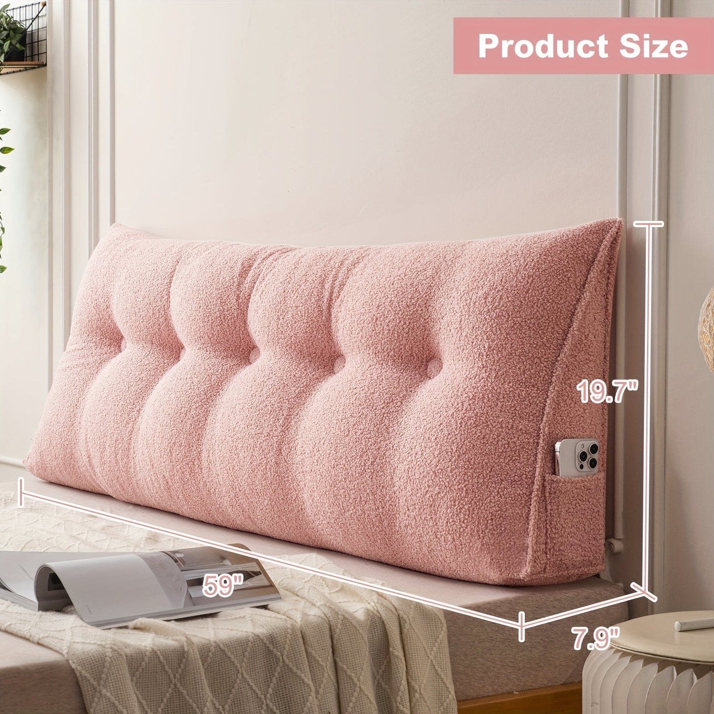 Bed Wedge Pillow Headboard Pillow with Side Pockets Removable Cover Teddy Velvet Reading Pillow Twin Queen King