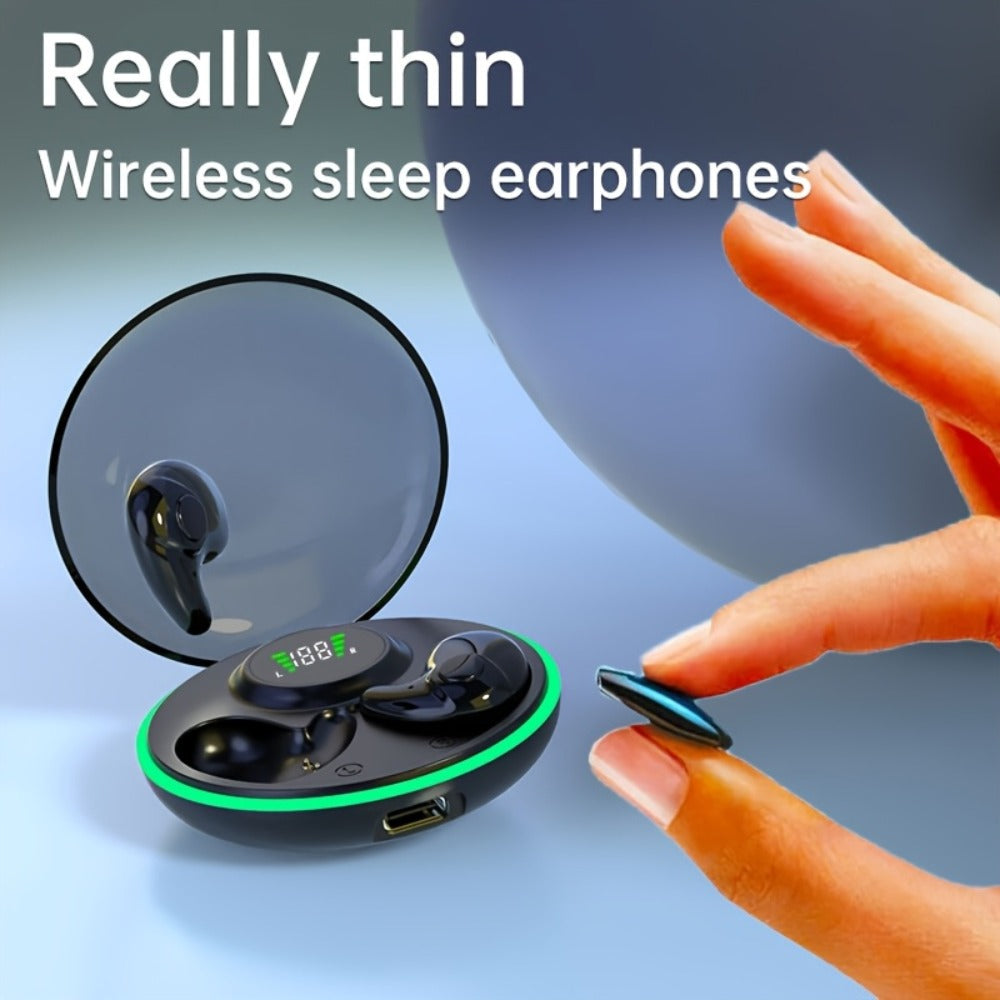 Low-Profile Round-Case Mini Sleep Earbuds with Digital Battery Display in Black, Khaki or White