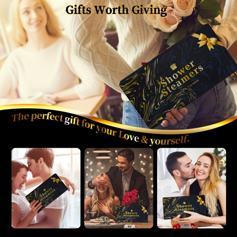 Eight 30 g Shower Steamer Tablets in Eight Fragrance Labels with Black-and-Gold Gift Box Packaging