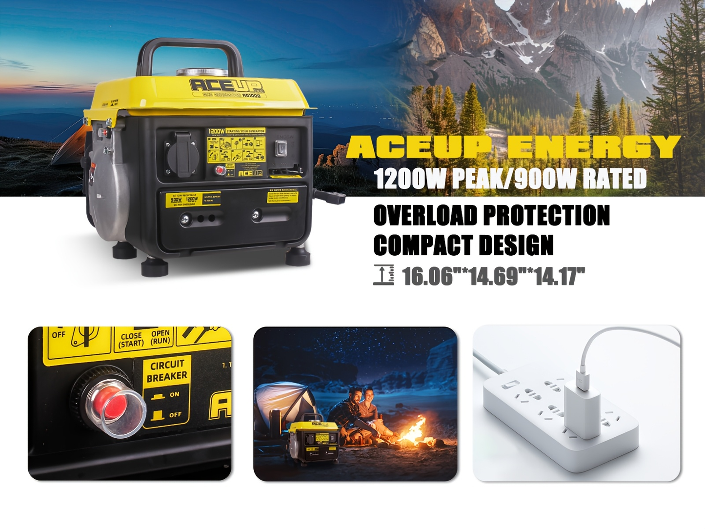 Gas Generator 1200W Portable Compact Ultralight - 900W Running 1200W Peak, 2-Stroke 71CC Engine, 6Hr Runtime