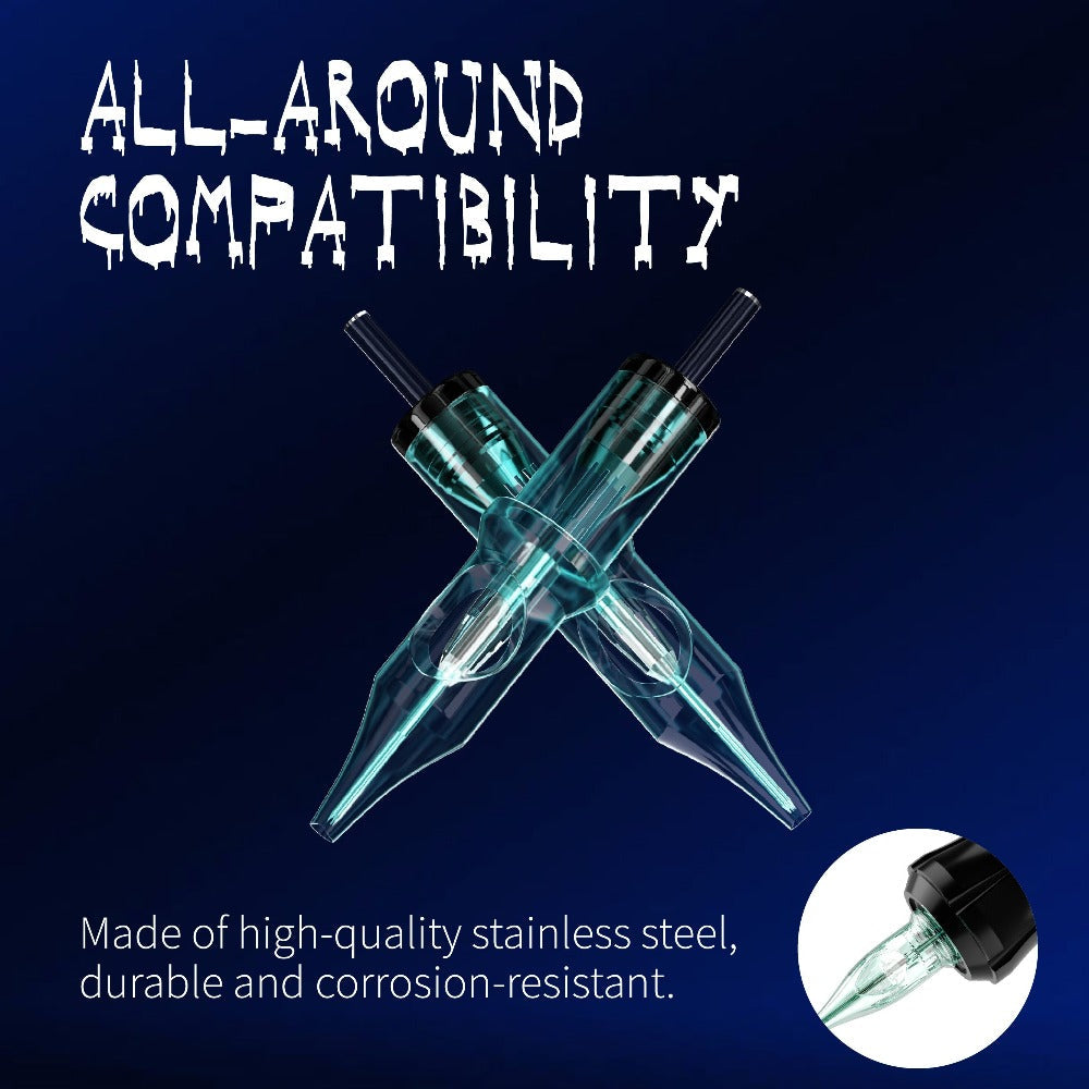 EO Sterilized Tattoo Cartridge Needles 50pcs Mixed Sizes 3RL 5RL 7RL 9RL 5RS 7RS 9RM for Temporary Body Art, Festivals and Costumes