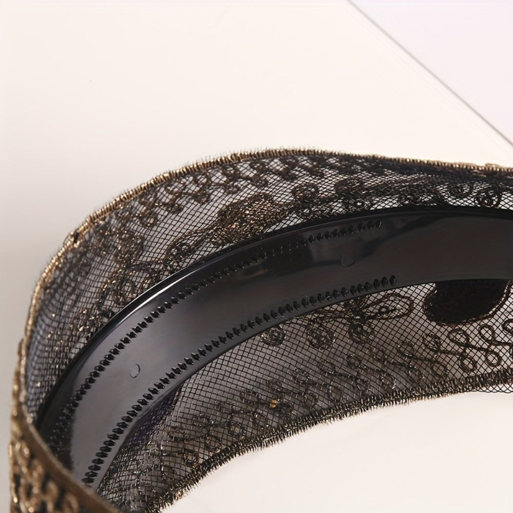 Hair Accessories Two-Piece Wide Embroidered Headband Set with Sequin Floral Details and Color Choices
