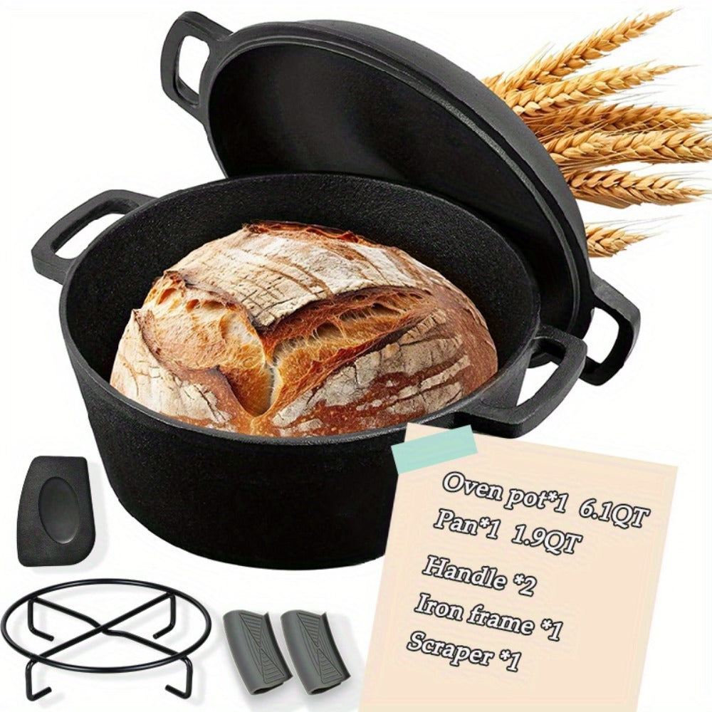 6-Piece Cast Iron Dutch Oven Set with 6.1QT Pot, 1.9QT Skillet Lid, Handle Covers, Support Frame and Scraper