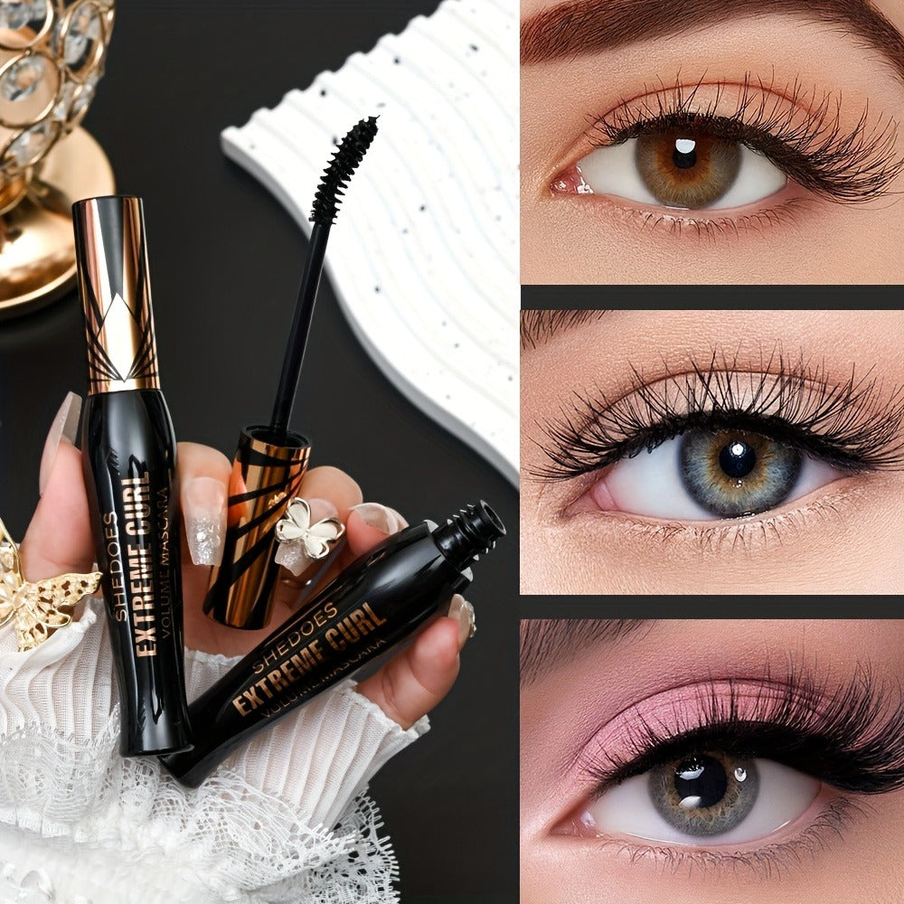 Black Mascara Two-Piece Set with Gold Crown-Style Caps and Curved Black Bristle Applicator Wands