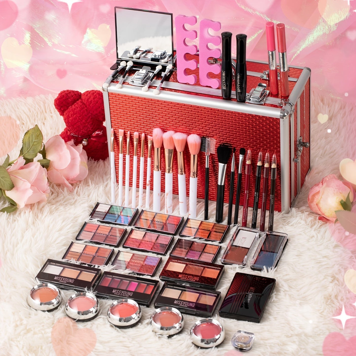 Makeup Kit in Handled Aluminum-Style Travel Case with Mirror, Tiered Trays and Silvery or Red Finish