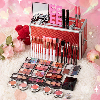 Makeup Kit in Handled Aluminum-Style Travel Case with Mirror, Tiered Trays and Silvery or Red Finish