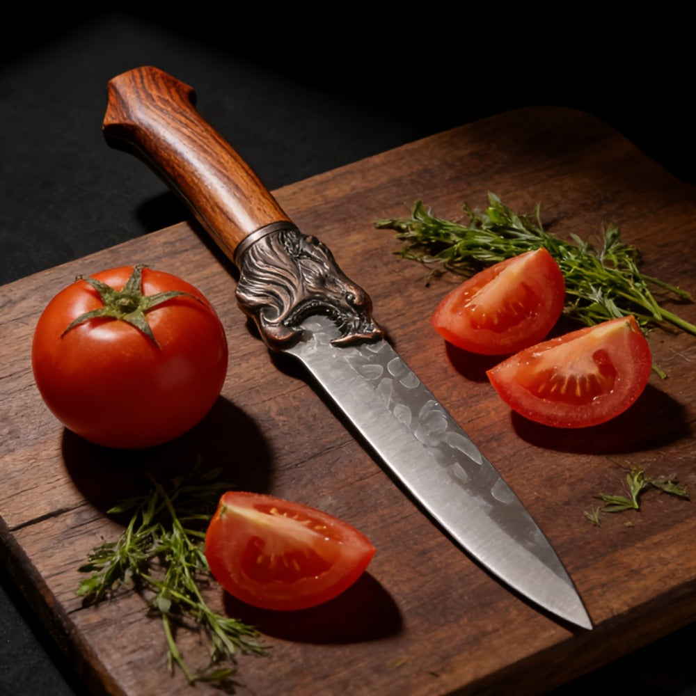 Seven-Piece Kitchen Knife Set with Six Hammered Silver Blades, Scissors and Wood-Look Handles
