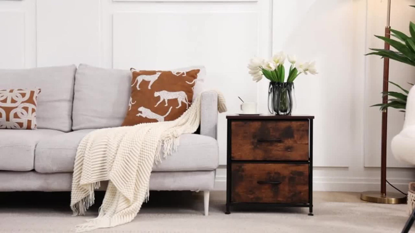Nightstand with 2 Storage Drawers, 20" Bedside Table with Wooden Top & Fabric Cabinet, Steel Frame Mini Dresser for Bedroom