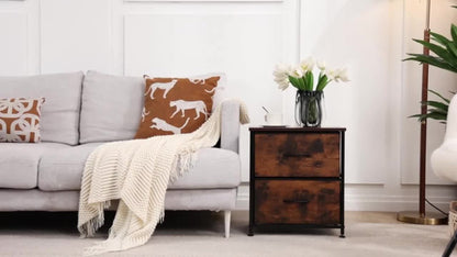 Nightstand with 2 Storage Drawers, 20" Bedside Table with Wooden Top & Fabric Cabinet, Steel Frame Mini Dresser for Bedroom