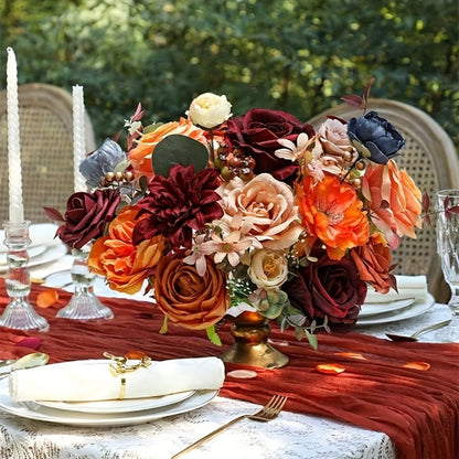 Artificial Flowers Foam Rose Bouquet with Orange, Wine Red and Blue Blooms plus Flexible Metal Stem