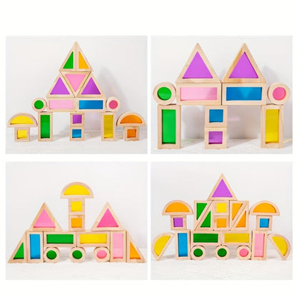Building Block Set Translucent Acrylic Geometric Shapes with Colorful Triangle, Circle, Arch and Window Pieces