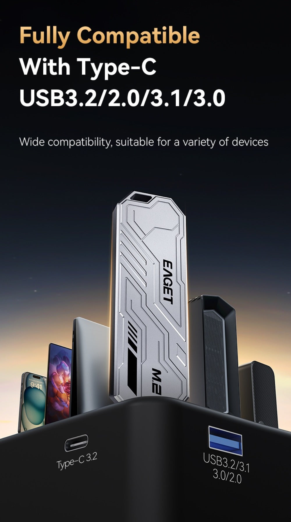 SE910D NVMe SSD Enclosure USB-C 10Gbps, Aluminum M.2 PCIe & NGFF SATA External Case, USB 3.2 Gen 2 Type-C Adapter