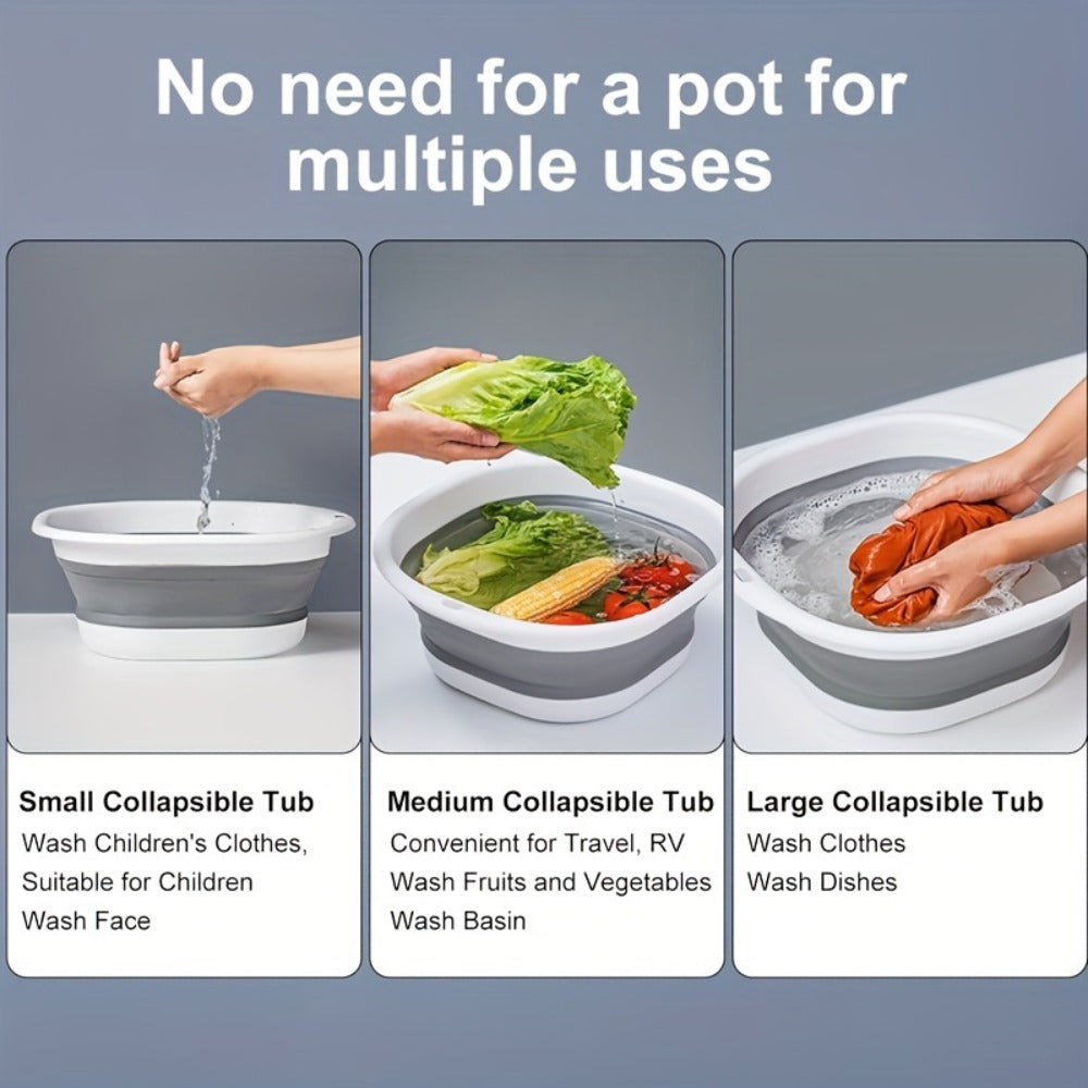 Collapsible Basin Set 3pcs – Foldable Wash Basin, Portable Dish Tub & Laundry Basket for Kitchen, Camping, Hiking & Home Storage