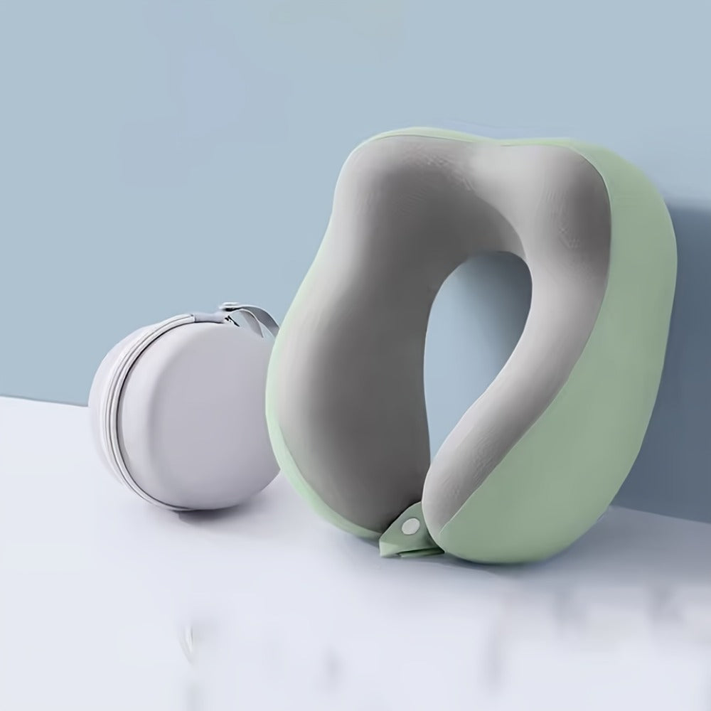 Rollable Memory Foam Travel Neck Pillow with Round Storage Case in Beige, Black or Pink-and-Gray Color Block