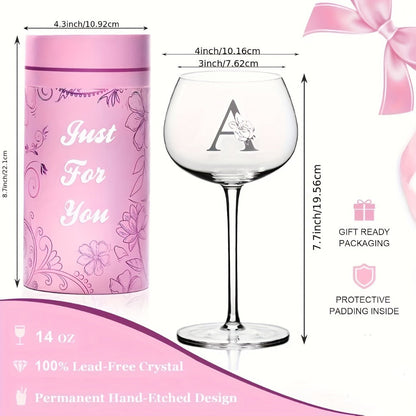 Personalized Wine Glass Gift for Women – A-Z Initial Letter Monogrammed Wine Glass with Gift Box & Greeting Card – Unique Birthday