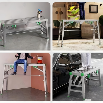 Scaffolding Work Platform Folding Steel Step Ladder Adjustable Height Portable Drywall Bench for Garden, Patio and Yard Use