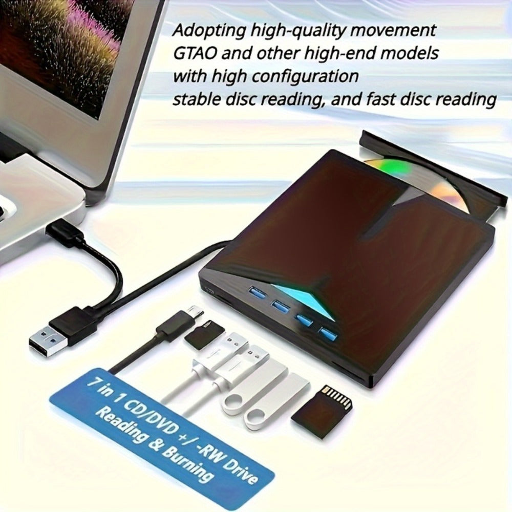 7-in-1 External DVD Drive USB 3.0 with 4 USB Ports & Dual TF/SD Card Reader - High-Speed CD/DVD Burner for Laptop Mac PC