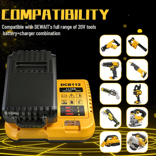 Yellow 12V/20V MAX Battery Charger Compatible with Select DeWalt DCB Batteries and 22V 2A Output Label