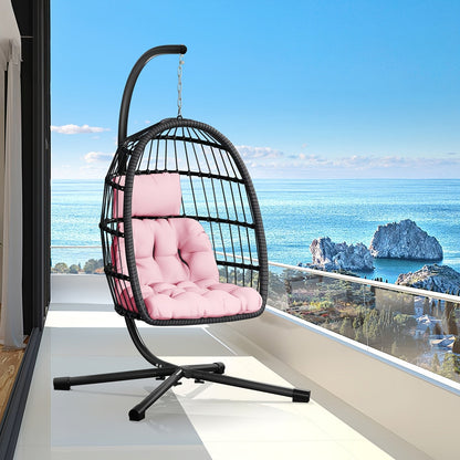 Outdoor Egg Chair with Stand Rattan Wicker Hanging Swing Hammock Chair Thickened Aluminum Frame UV-Resistant Cushion 350LBS Capacity Patio