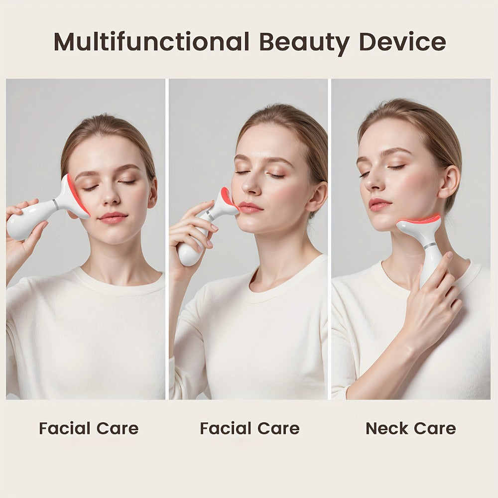 LED Neck Massager 7-Color Light Therapy Vibrating Face & Neck Device, USB Rechargeable Portable Electric Facial Massage Tool Beauty Gift