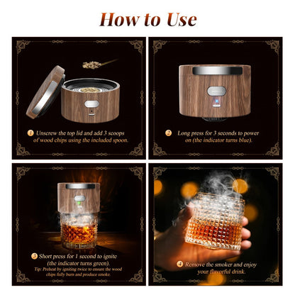 Electric Cocktail Smoker Kit with 6 Wood Chips, Flame-Free USB Rechargeable Whiskey Smoker for Tumblers & Wine Glasses