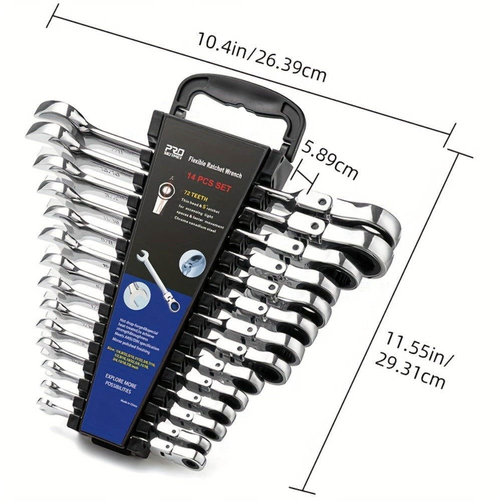 Flex Head Ratcheting Wrench Set SAE 14-Piece – 1/4" to 7/8" Chrome Vanadium Steel 72-Tooth 180° Flex Head with Organizer Rack for Auto